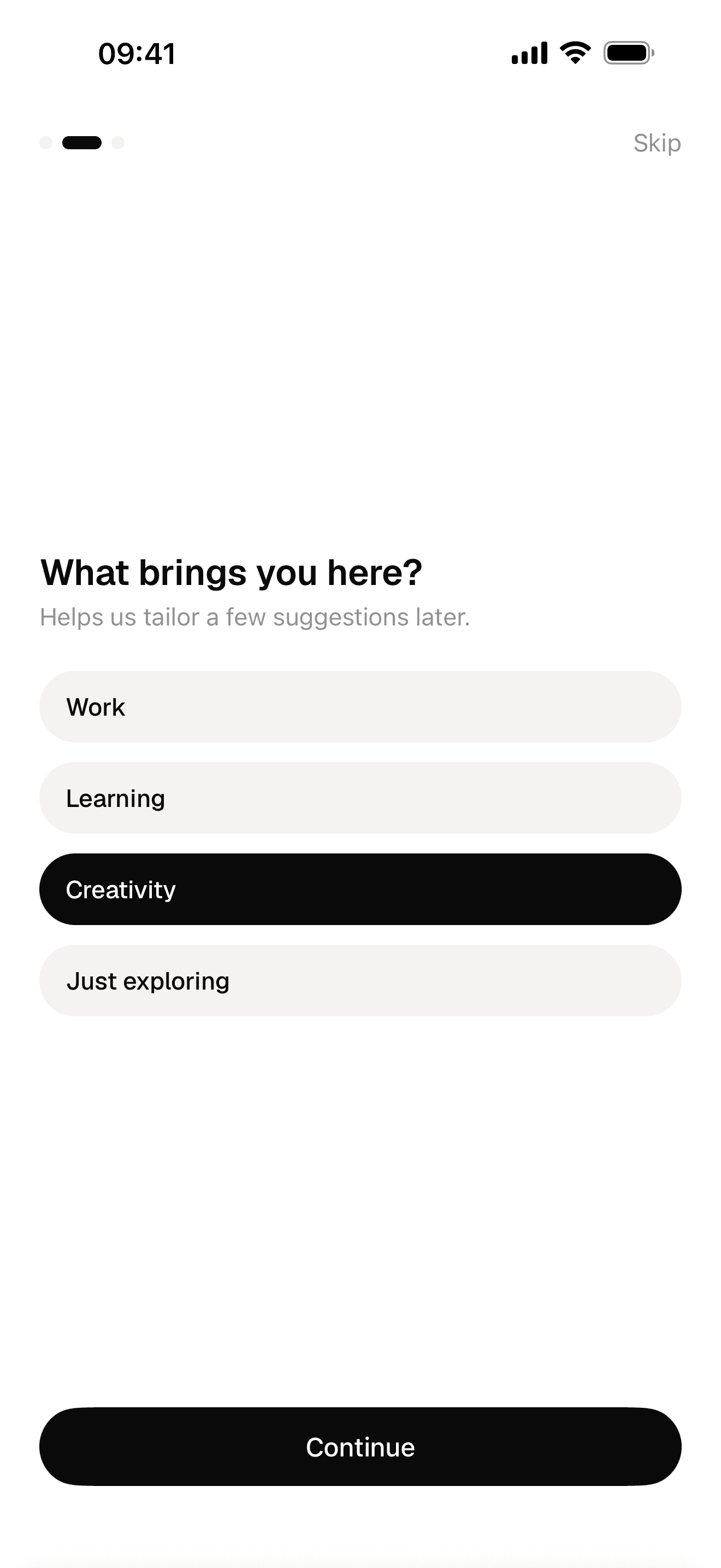 Onboarding choices for Work, Learning, Creativity and Just exploring