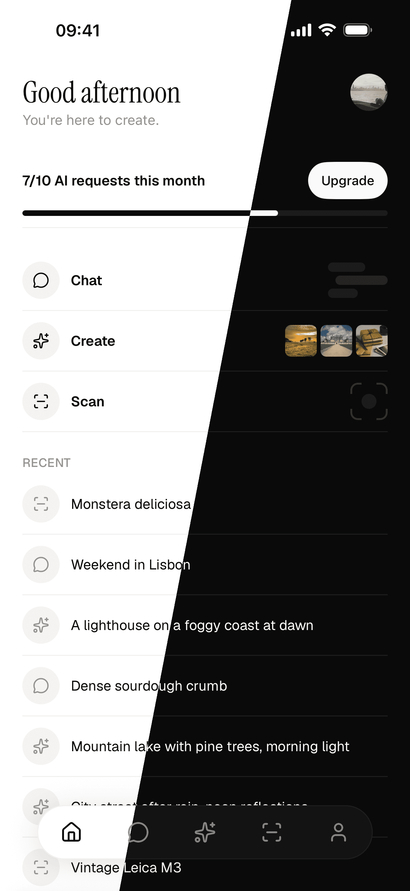 Home screen in light and dark theme with Chat, Create, Scan and the monthly message allowance